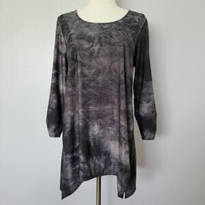 Black Whimsygoth Tunic Top Womens M 3/4 Shirred Sleeve Witchy Shimmer Halloween